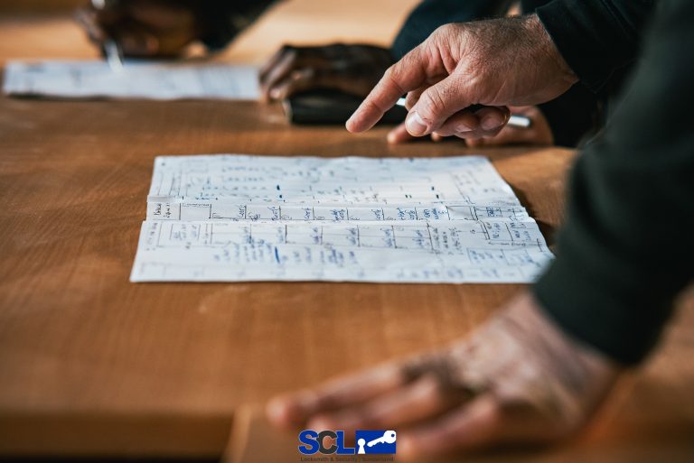 Close-up of a team discussing detailed security plans and blueprints for CCTV system installations