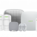 AJAX wireless security system with motion detectors, door sensors, control hub, key fobs, and siren for smart home and business protection.