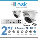 A HiLook security camera system with 2MP resolution, two cameras, and a 4-channel DVR kit.