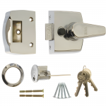 ERA lock set with keys, lock body, and screws for installation.