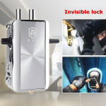 A high-tech invisible lock with close-up images of a burglar attempting to break in.
