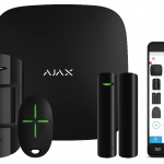 AJAX smart wireless security system with motion detector, door sensors, key fob, and mobile app integration for real-time security monitoring.