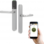 Smart door lock with keypad entry and mobile app interface for remote control.