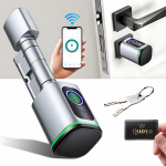 Quoya smart lock with fingerprint scanner, smartphone control, key fob, and traditional keys. Secure and convenient keyless entry solution for homes and offices.