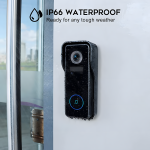 IP66 waterproof smart video doorbell installed outdoors in rainy conditions. Designed for durability and reliable home security in all weather