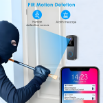 Smart video doorbell with PIR motion detection alerts detecting an intruder. Sends real-time notifications to a smartphone for enhanced home security.